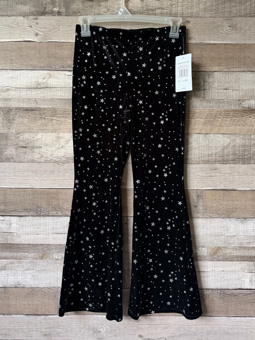 Stitch & Pine Girls L 14 Black Velvet Silver Star Holiday Flare Pants NWT